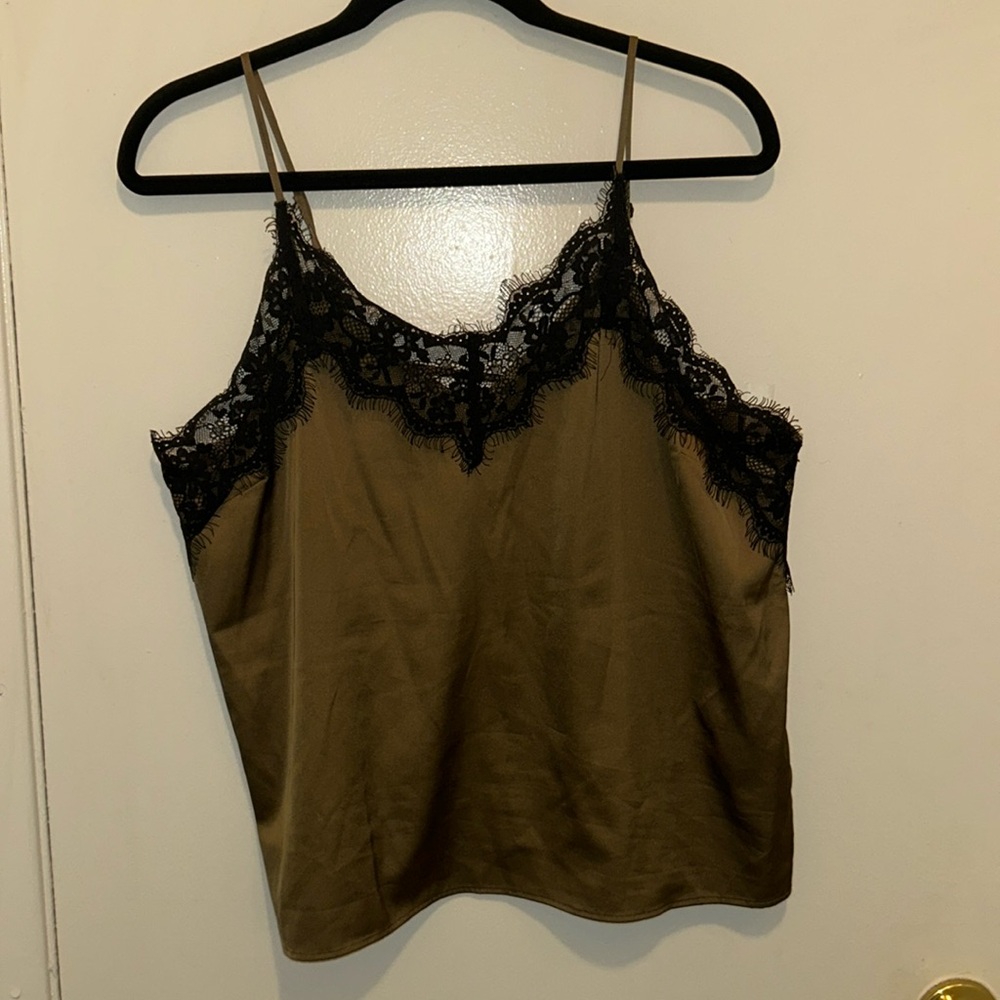 Olive Green Silk Camisole with Lace Trim